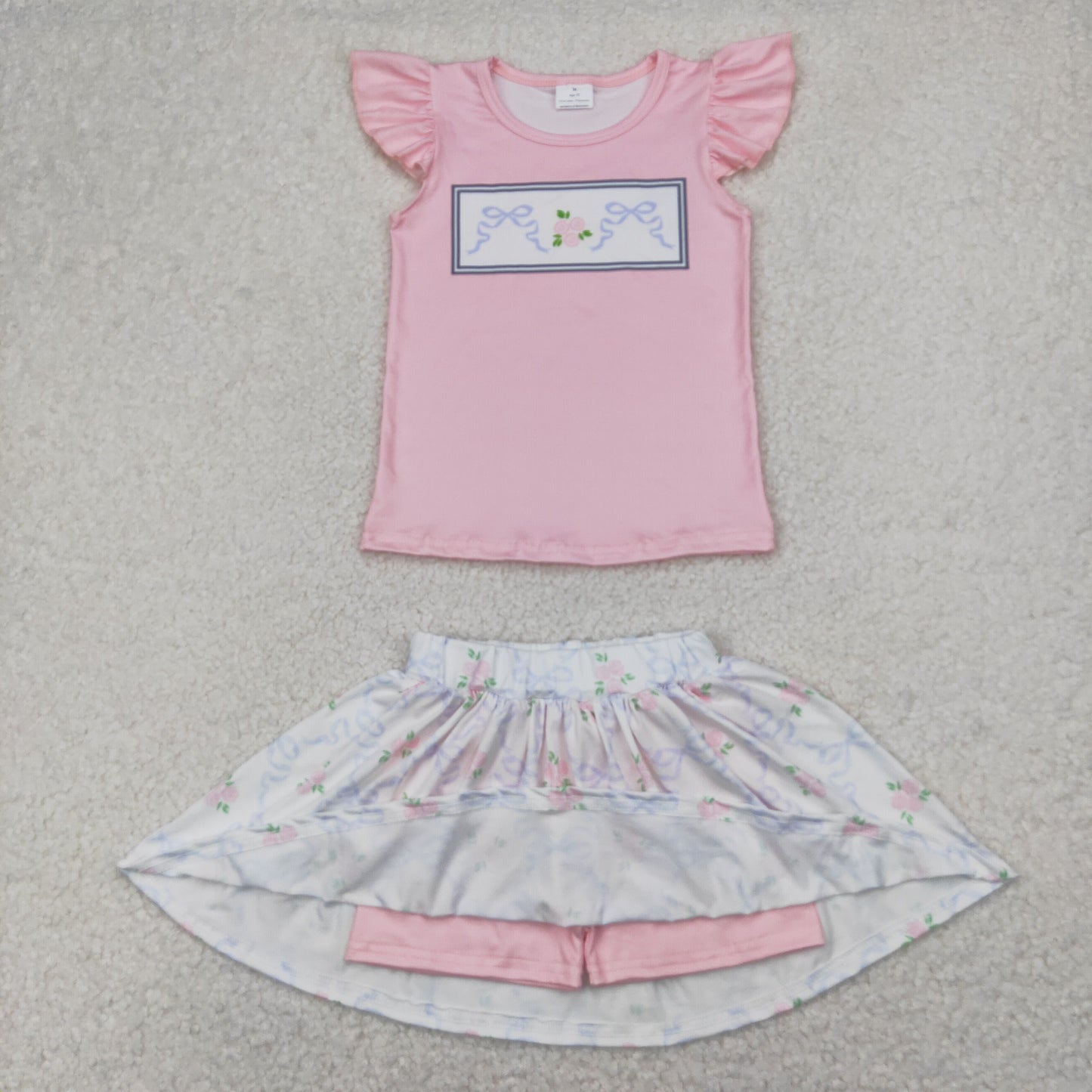 GSD2298 Flowers Bows Pink Top Skirts Shorts Girls Summer Clothes Set
