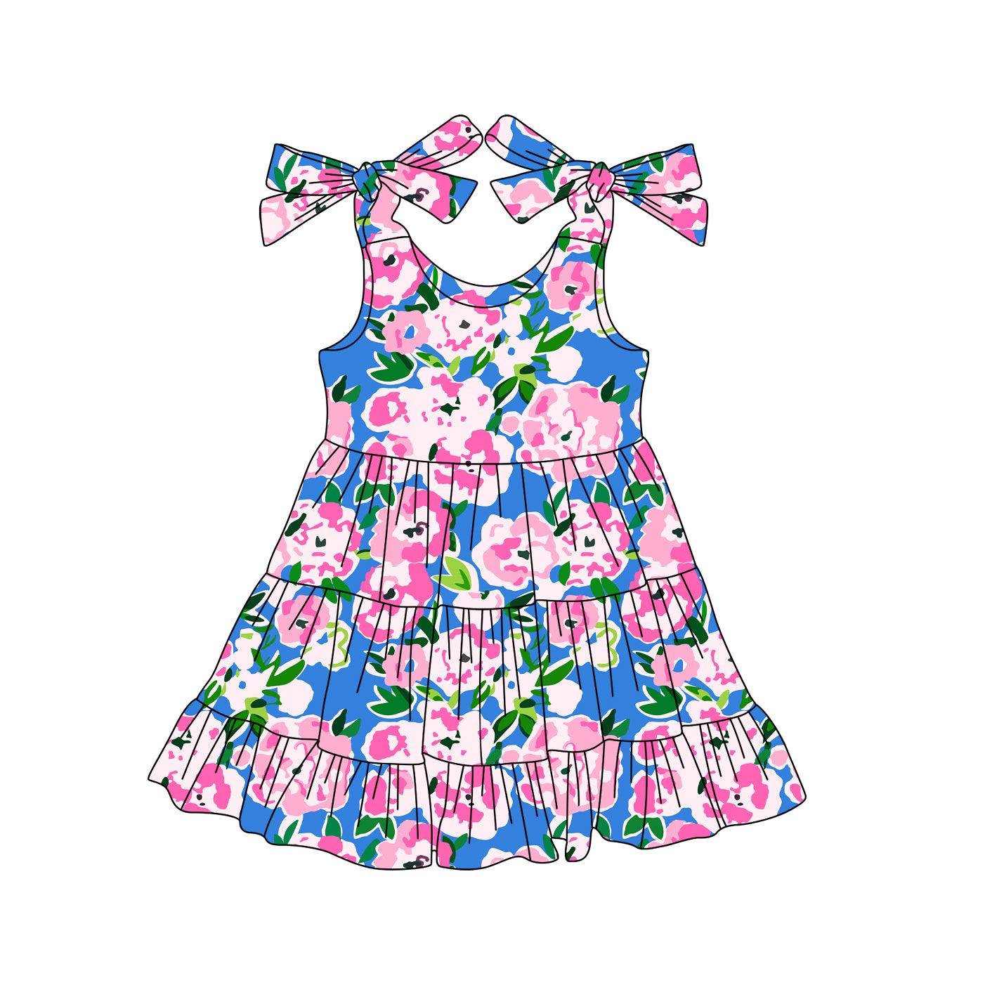 (Pre-order)GSD2302 Pink Flowers Blue Print Girls Summer Knee Length Dress