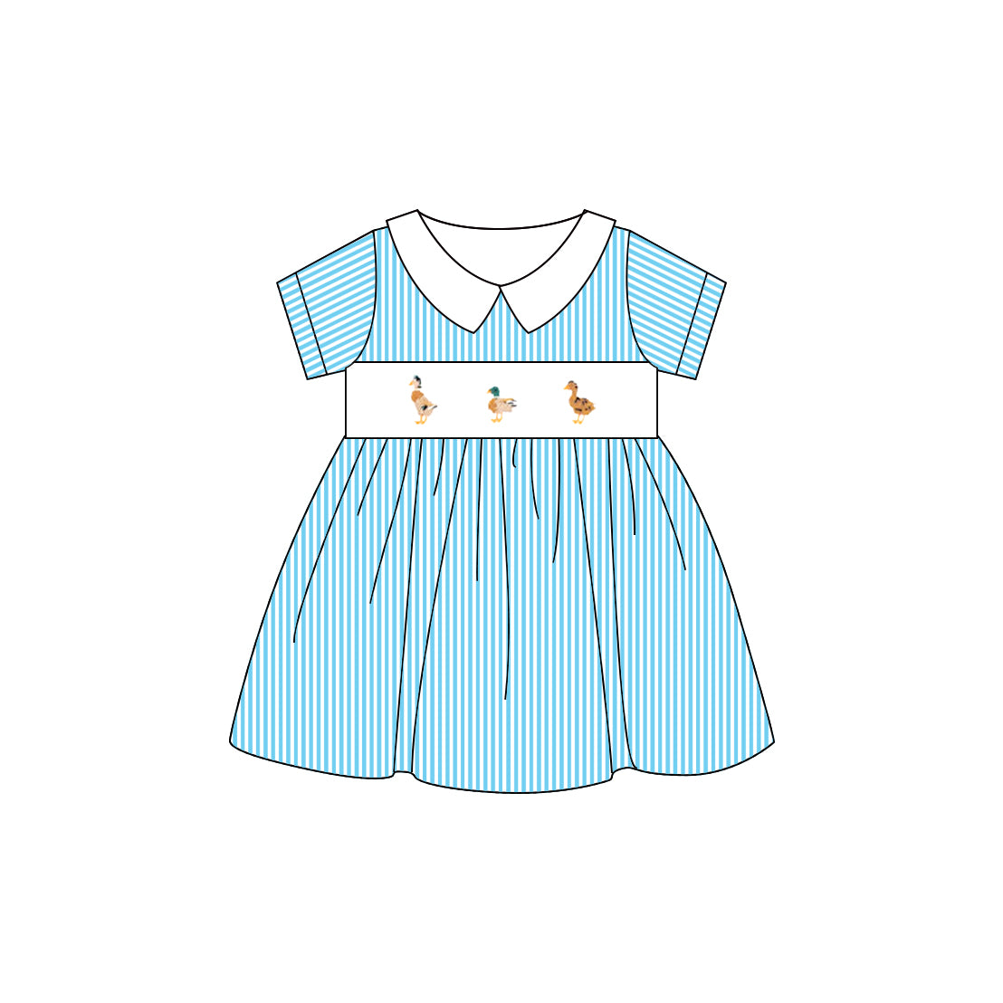 (Pre-order)GSD2307 Duck Blue Stripes Print Girls Short Sleeve Knee Length Smocked Dress