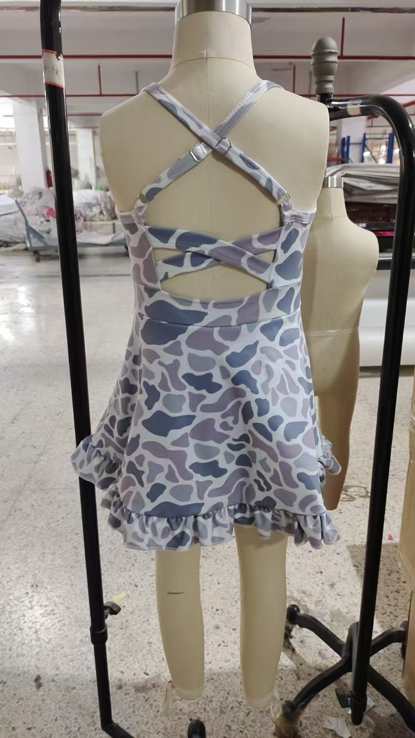 GSD2308 Grey Camo Print Girls Summer Knee Length Shorts Yoga Dress