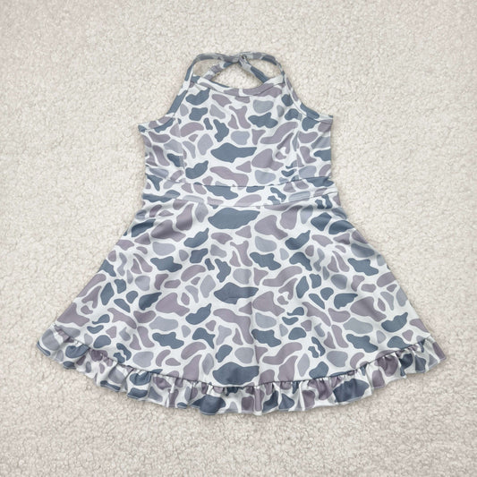 GSD2308 Grey Camo Print Girls Summer Knee Length Shorts Yoga Dress