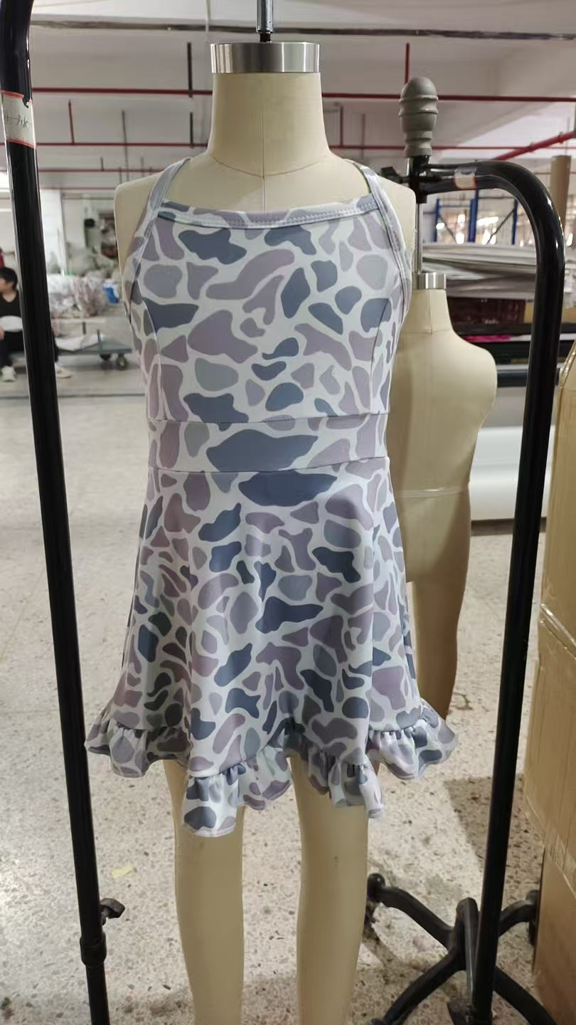 GSD2308 Grey Camo Print Girls Summer Knee Length Shorts Yoga Dress