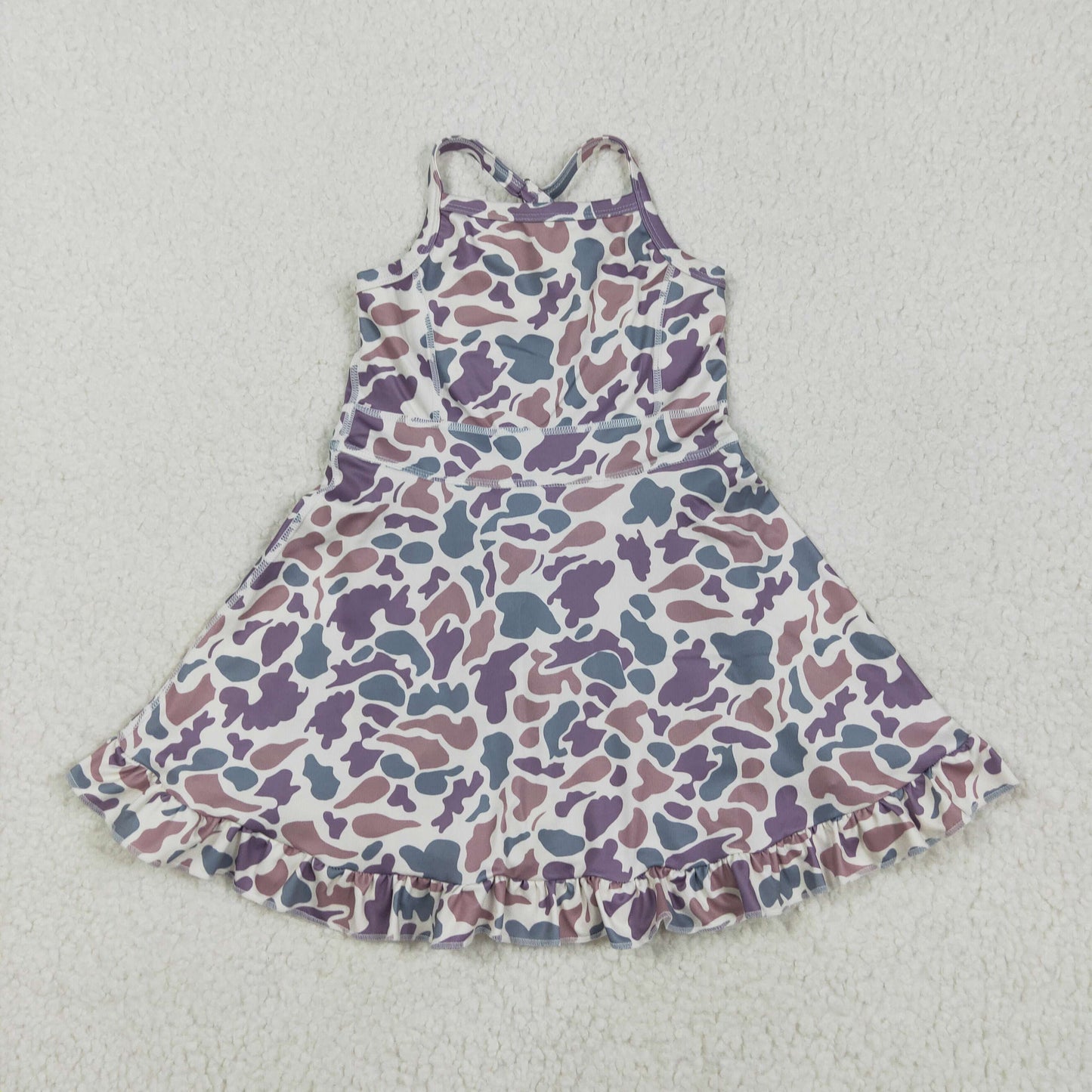 GSD2310 Green Purple Camo Print Girls Summer Knee Length Shorts Yoga Dress