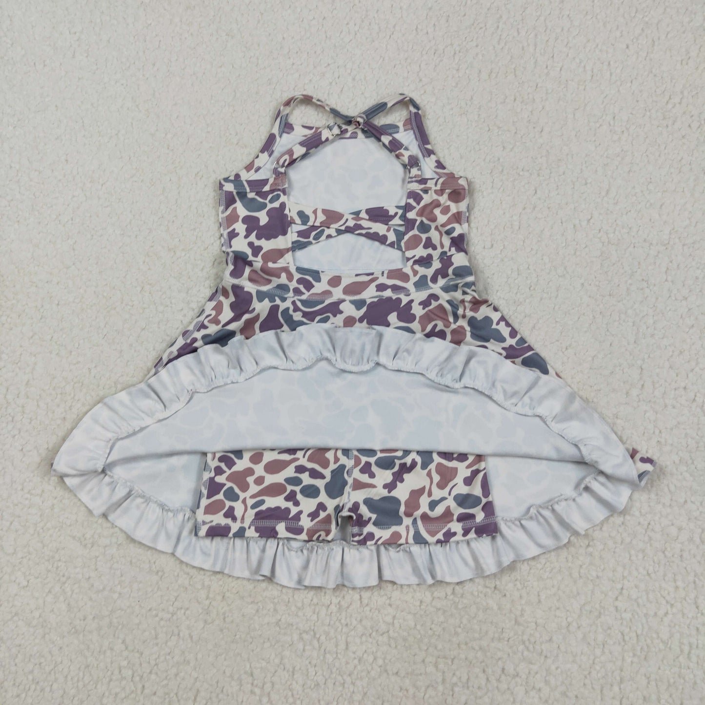 GSD2310 Green Purple Camo Print Girls Summer Knee Length Shorts Yoga Dress