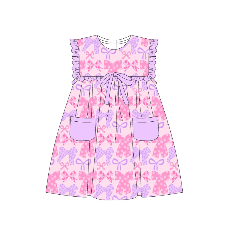 (Pre-order)GSD2319 Pink Purple Bows Flowers Print Girls Summer Knee Length Dress