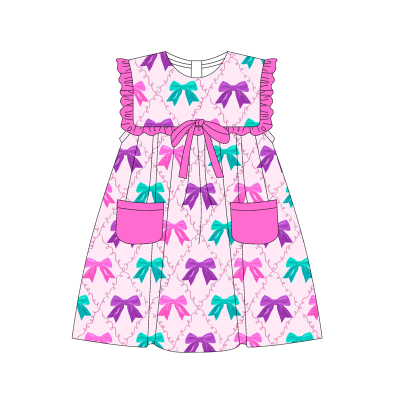 (Pre-order)GSD2320 Pink Green Purple Bows Print Girls Summer Knee Length Dress