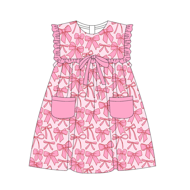 (Pre-order)GSD2321 Pink Bows Print Pockets Girls Summer Knee Length Dress