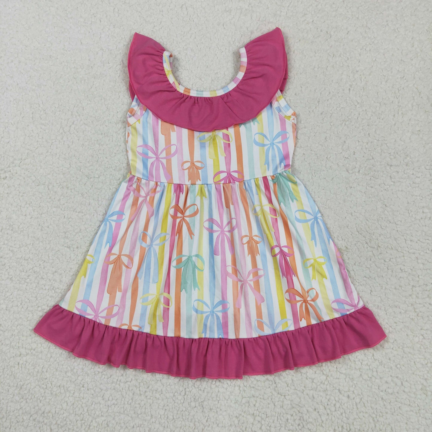 GSD2322 Colorful Bows Stripes Print Girls Summer Knee Length Dress