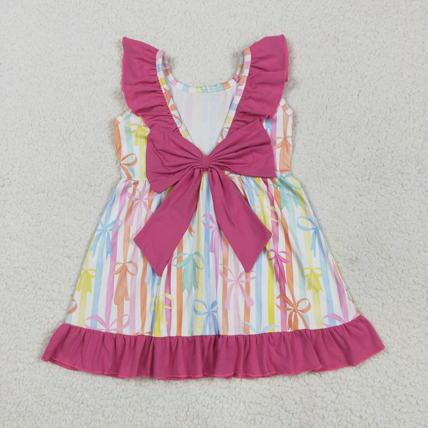 GSD2322 Colorful Bows Stripes Print Girls Summer Knee Length Dress