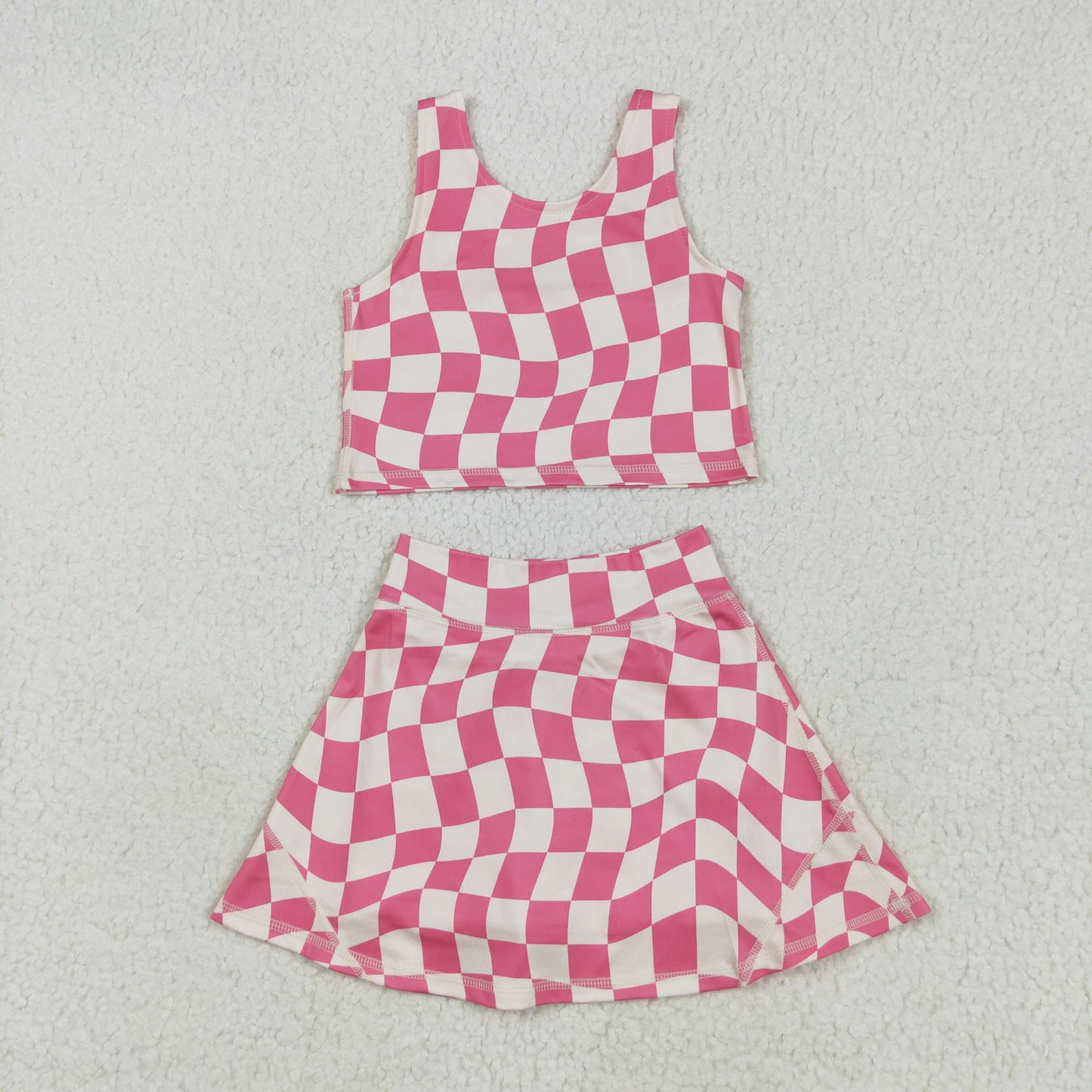 GSD2329 Hot Pink Plaid Tank Top Girls Summer Shorts Skirts Knee Length Yoga Clothes Set