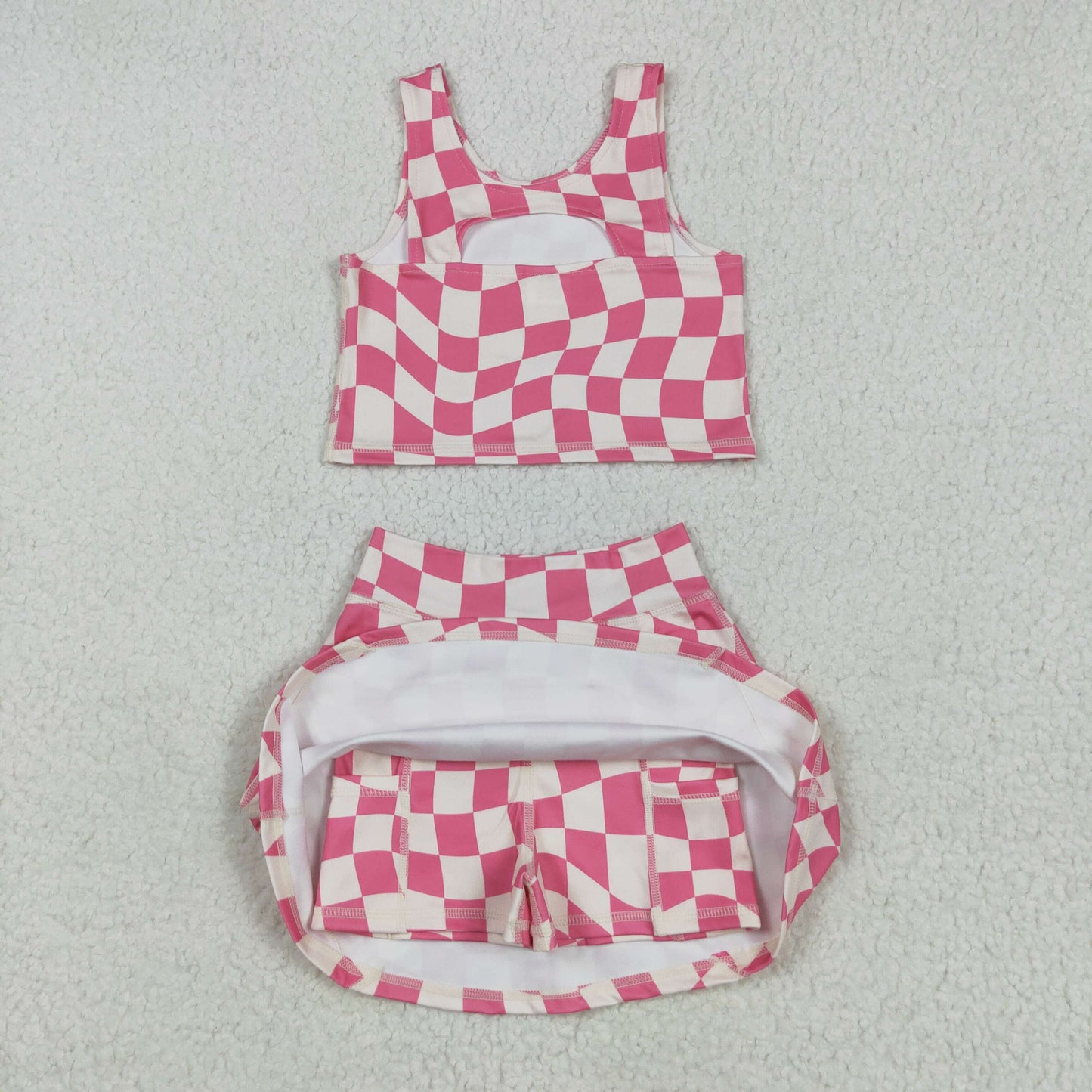 GSD2329 Hot Pink Plaid Tank Top Girls Summer Shorts Skirts Knee Length Yoga Clothes Set