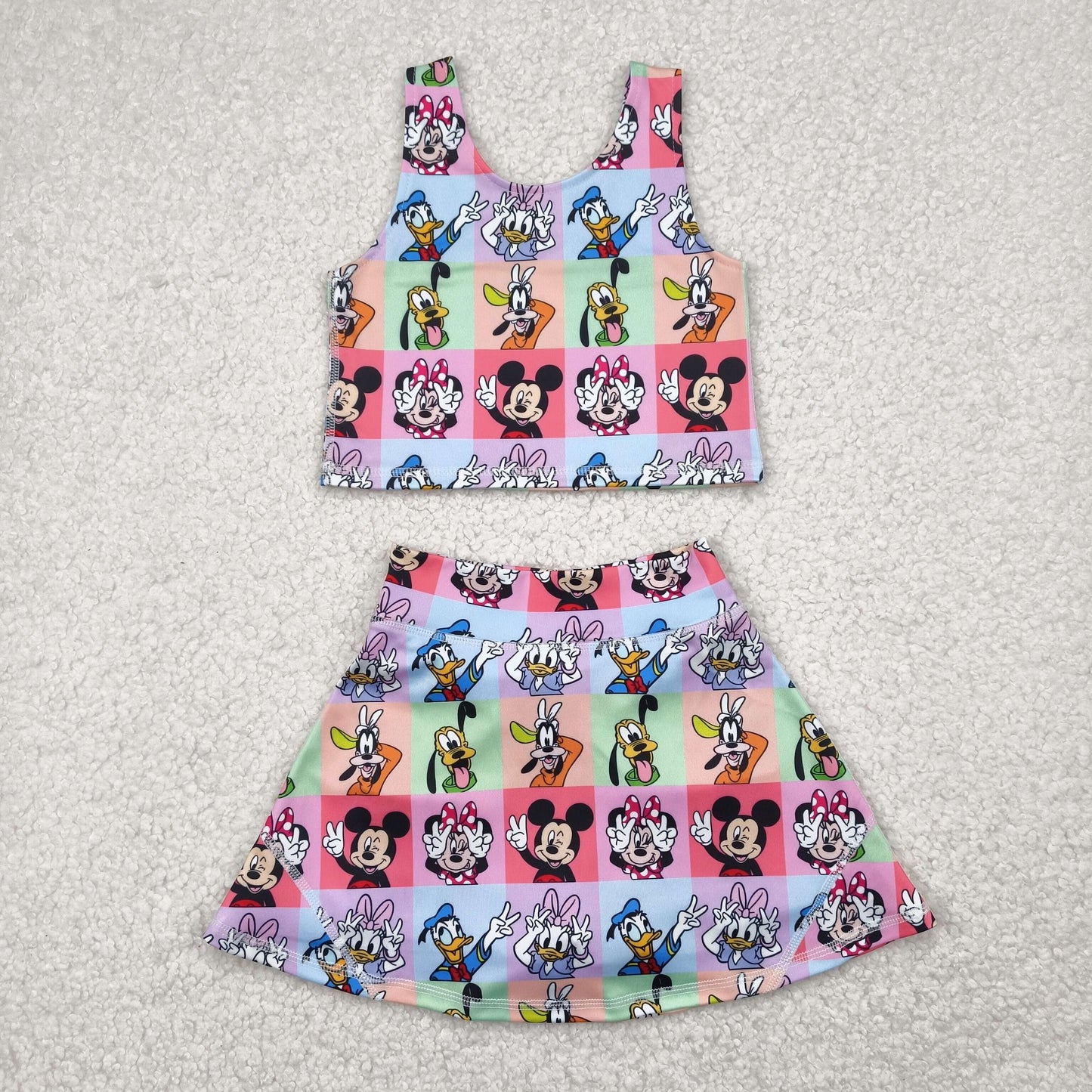 GSD2333 Cartoon Mouse Plaid Tank Top Skirts Shorts Girls Yoga Outfits