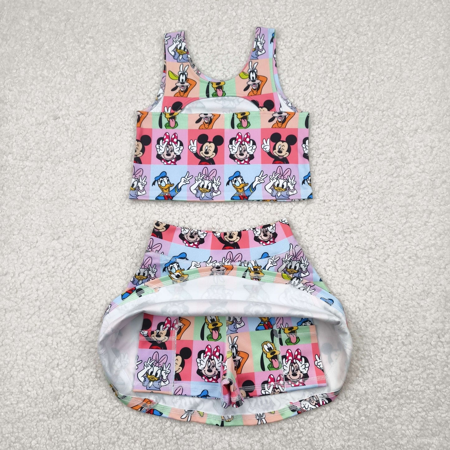 GSD2333 Cartoon Mouse Plaid Tank Top Skirts Shorts Girls Yoga Outfits