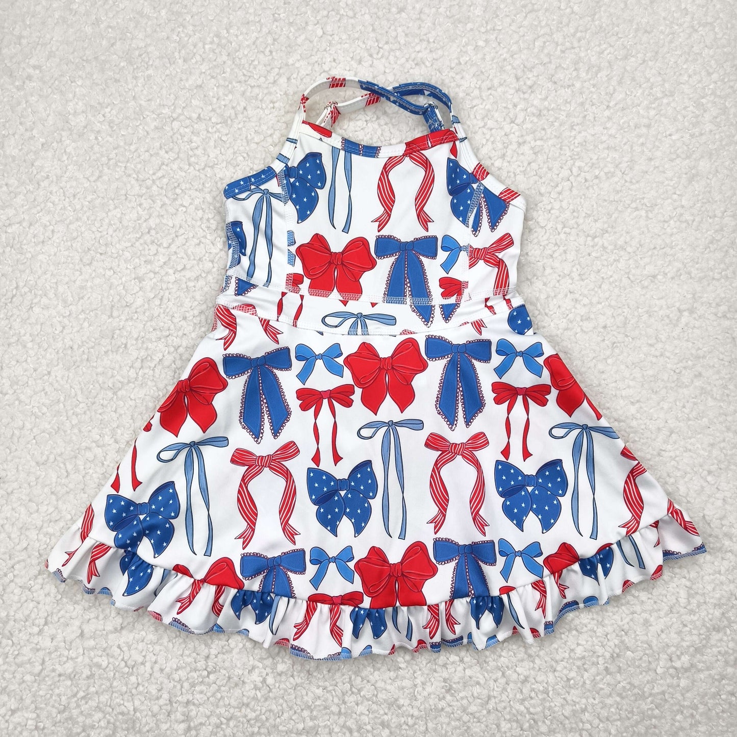 GSD2345 Red Blue Bows Print Girls 4th of July Knee Length Shorts Yoga Dress