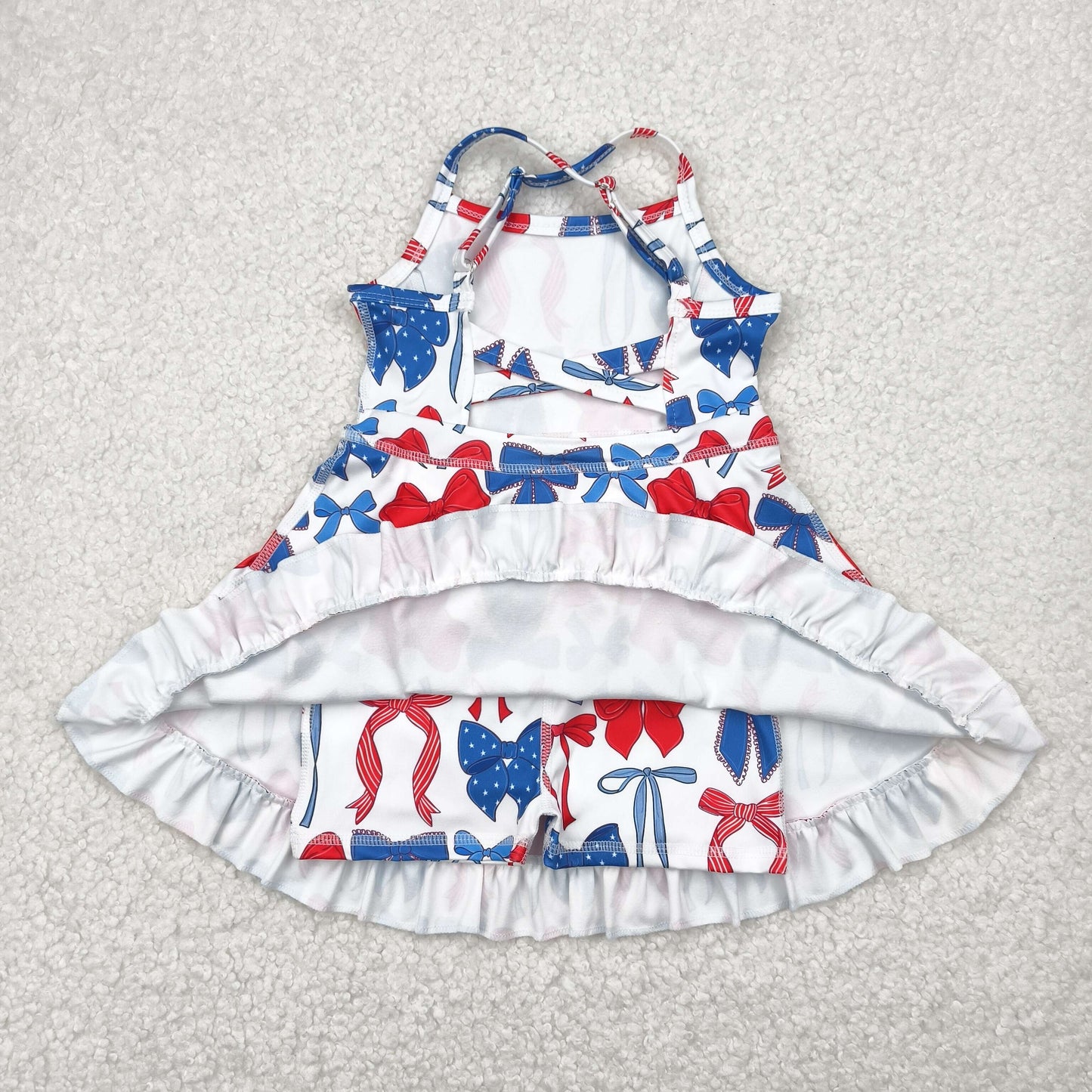 GSD2345 Red Blue Bows Print Girls 4th of July Knee Length Shorts Yoga Dress