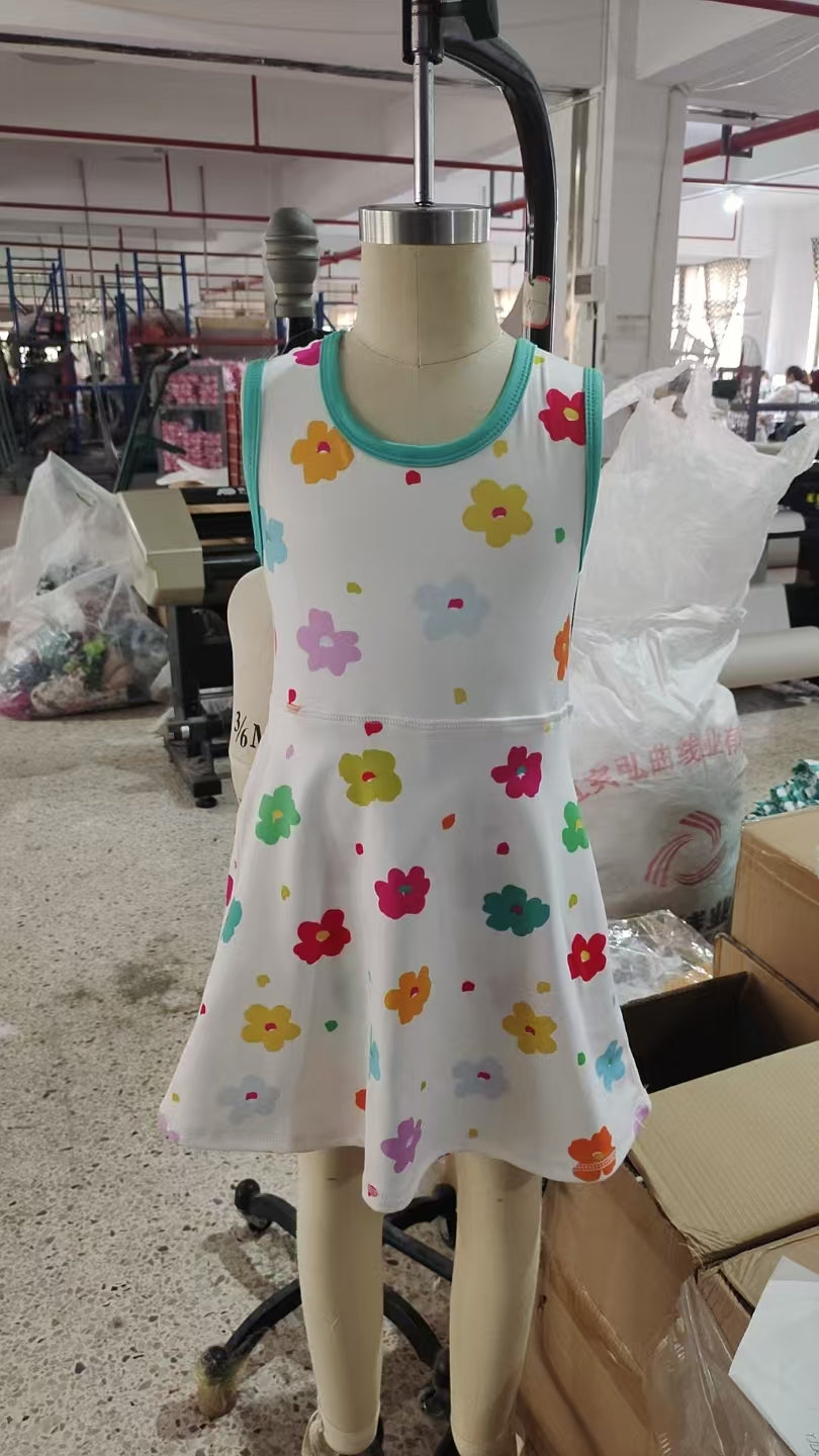 GSD2346 Colorful Flowers Print Girls Summer Knee Length Shorts Yoga Dress