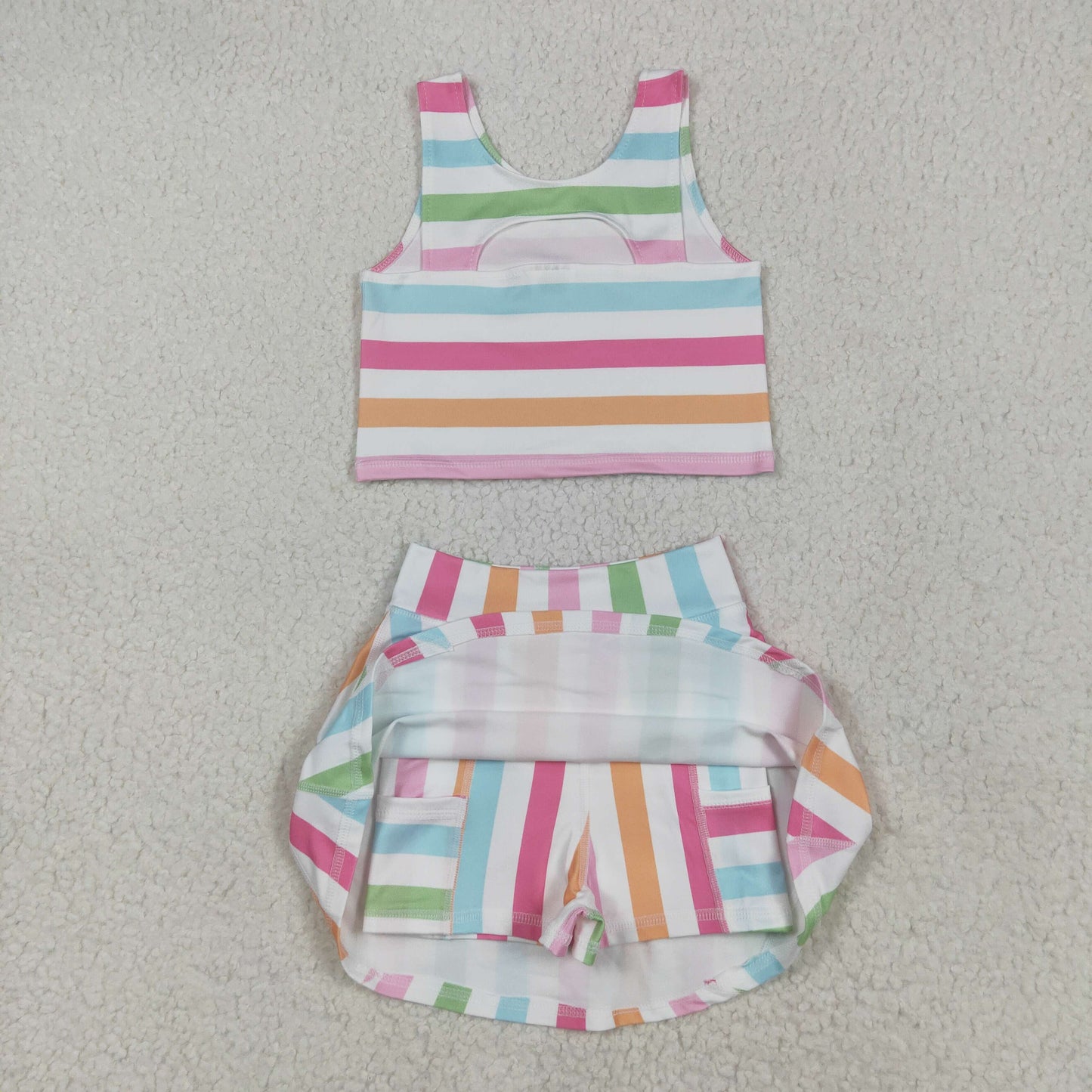 GSD2348 Colorful Stripes Tank Top Girls Summer Shorts Skirts Knee Length Yoga Clothes Set