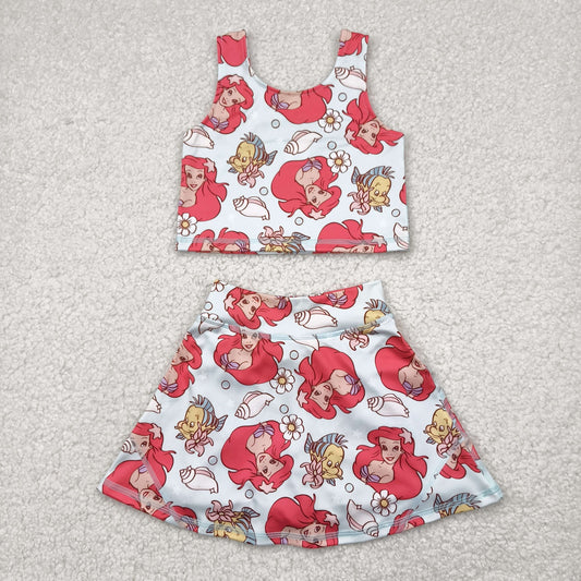 GSD2354 Cartoon Princess Mermaid Tank Top Skirts Shorts Girls Summer Yoga Clothes Set