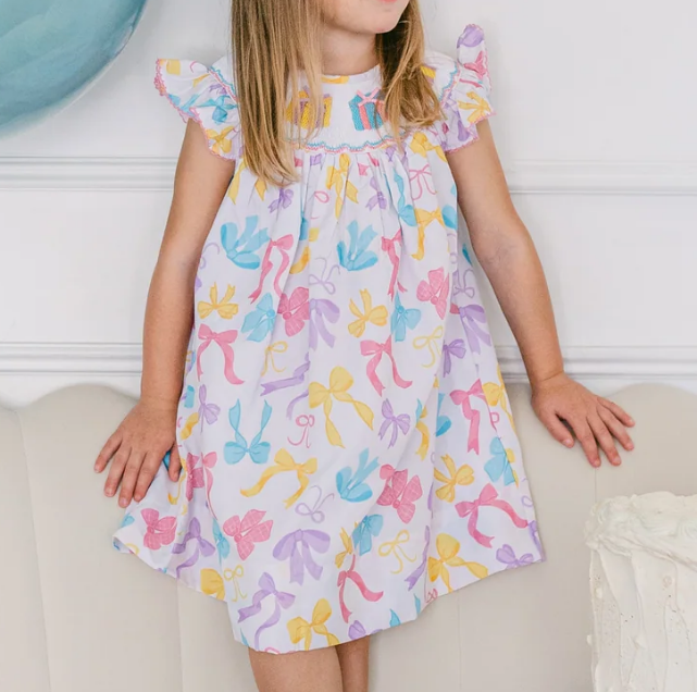 (Pre-order)GSD2367 Colorful Bows Print Girls Summer Knee Length Dress