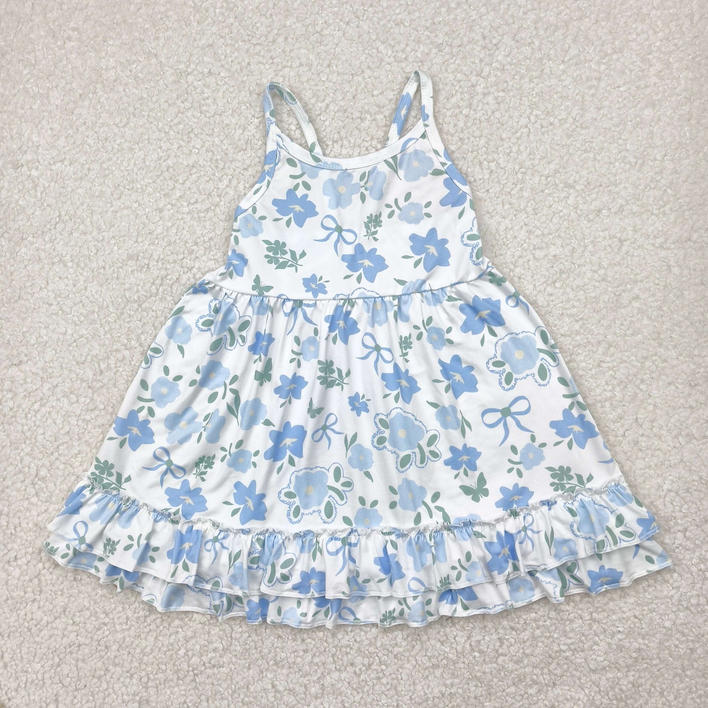 GSD2377 Blue Flowers Bows Print Girls Summer Knee Length Dress