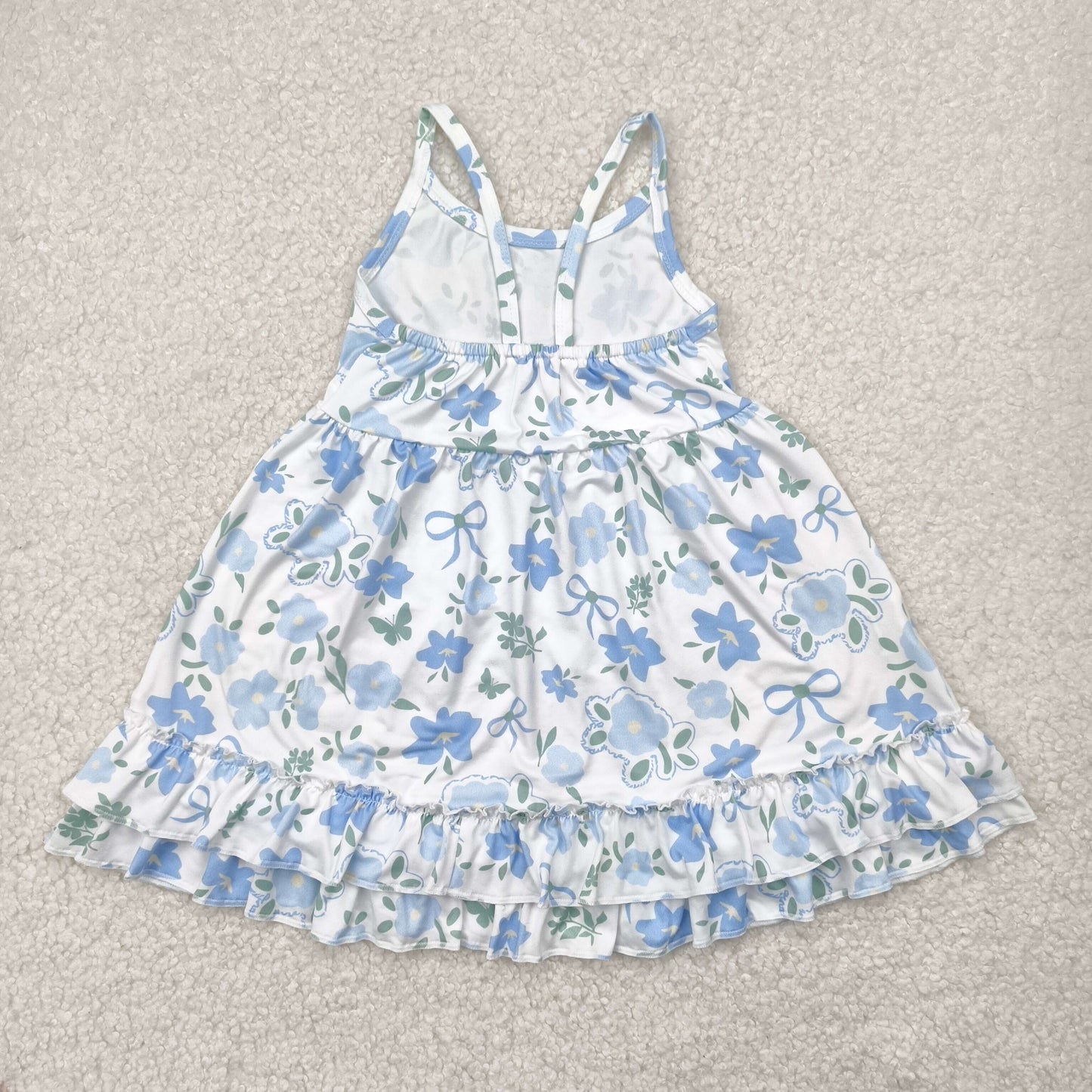 GSD2377 Blue Flowers Bows Print Girls Summer Knee Length Dress