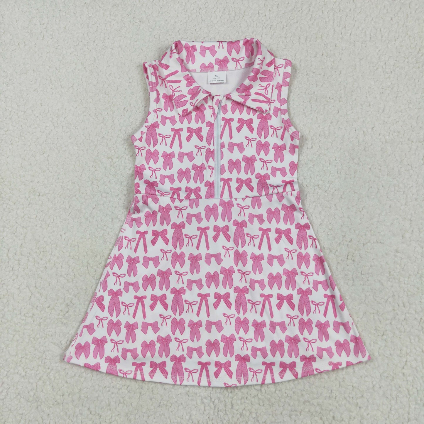 GSD2379 Pink Bows Print Girls Zipper Summer Shorts Knee Length Yoga Dress