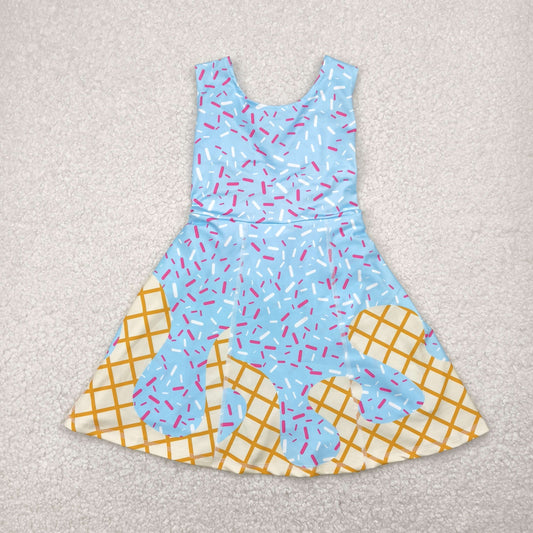 GSD2380  Sprinkles Blue Print Girls Backless Summer Shorts Knee Length Yoga Dress