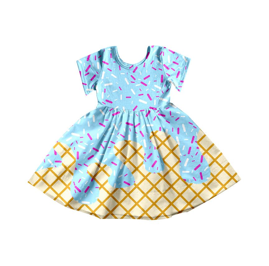 (Pre-order)GSD2381 Sprinkles Blue Print Girls Summer Knee Length Dress