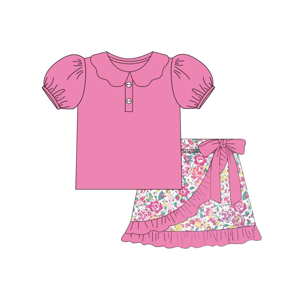 (Pre-order)GSD2384 Hot Pink Top Flowers Skirts Girls Summer Clothes Set