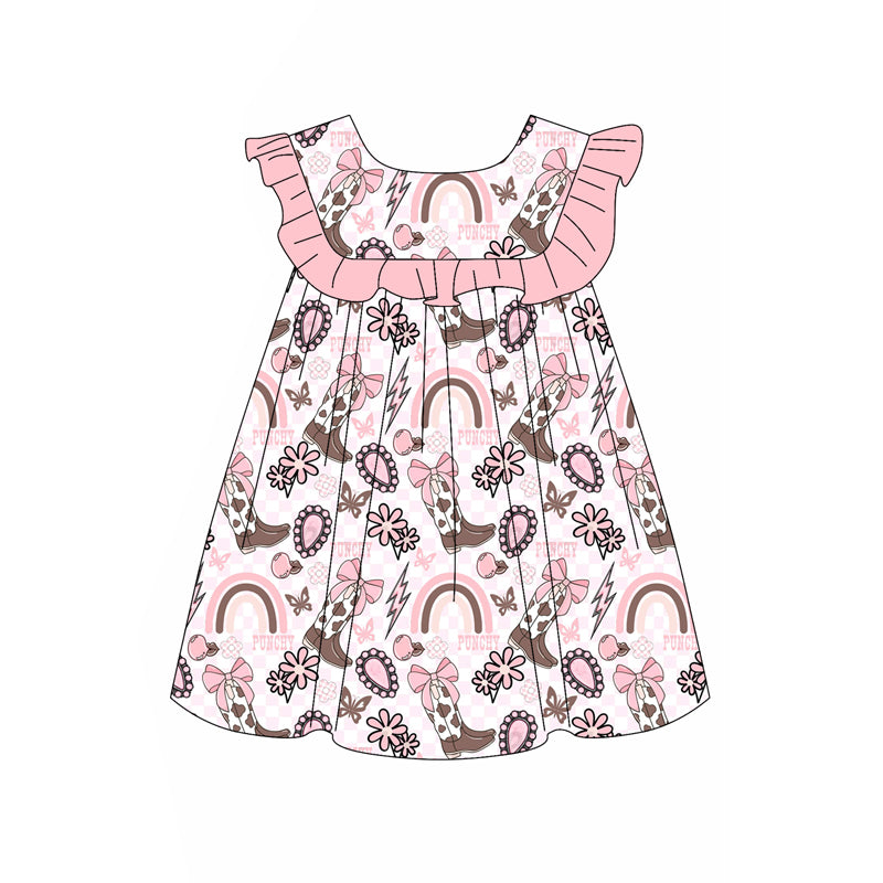 (Pre-order)GSD2395 Butterfly Pink Bows Rainbow Print Girls Summer Knee Length Dress