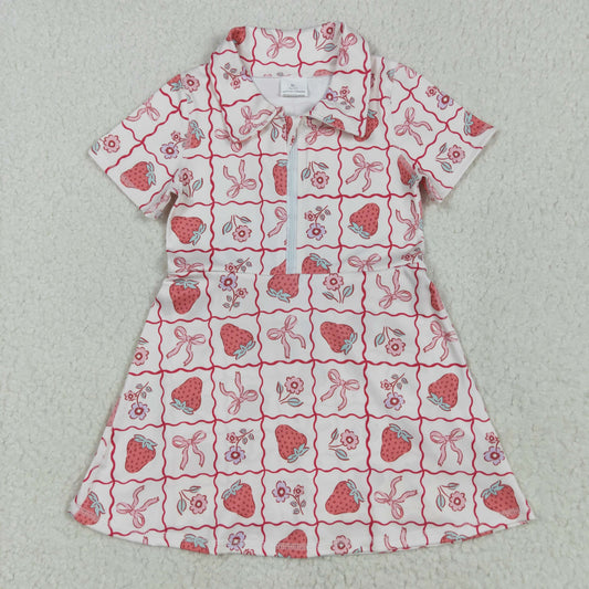 GSD2407 Strawberry Flowers Bows Print Girls Zipper Summer Knee Length Yoga Shorts Dress