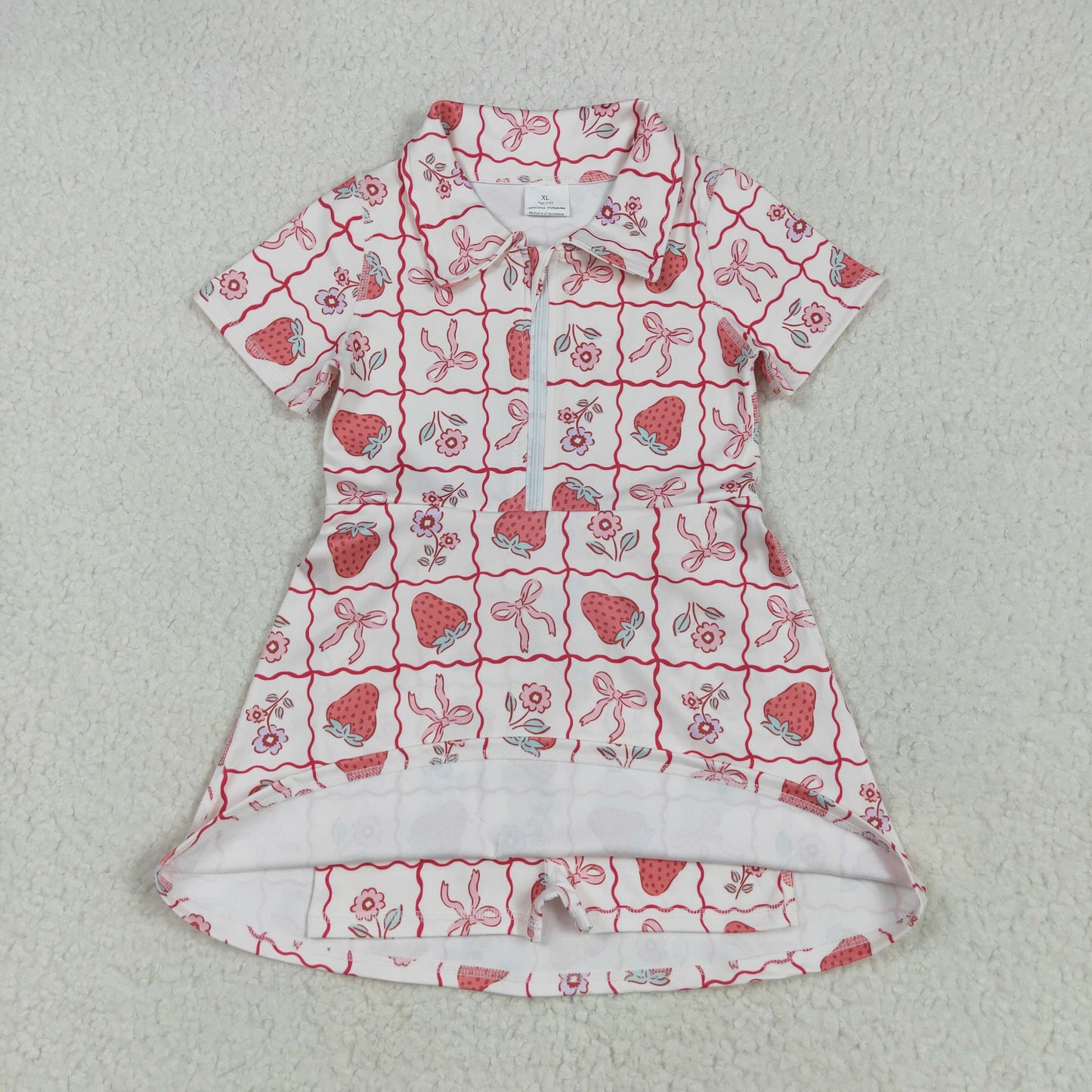 GSD2407 Strawberry Flowers Bows Print Girls Zipper Summer Knee Length Yoga Shorts Dress