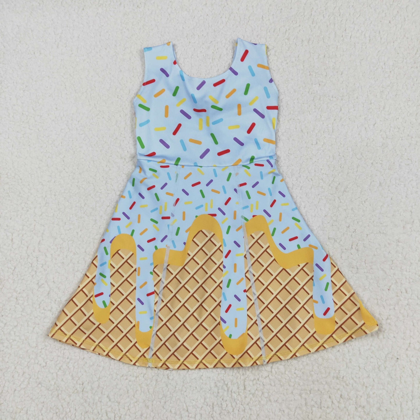 GSD2415 Sprinkles Blue Print Girls Backless Summer Shorts Knee Length Yoga Dress