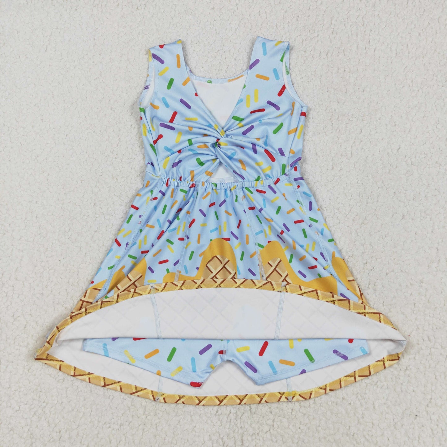 GSD2415 Sprinkles Blue Print Girls Backless Summer Shorts Knee Length Yoga Dress