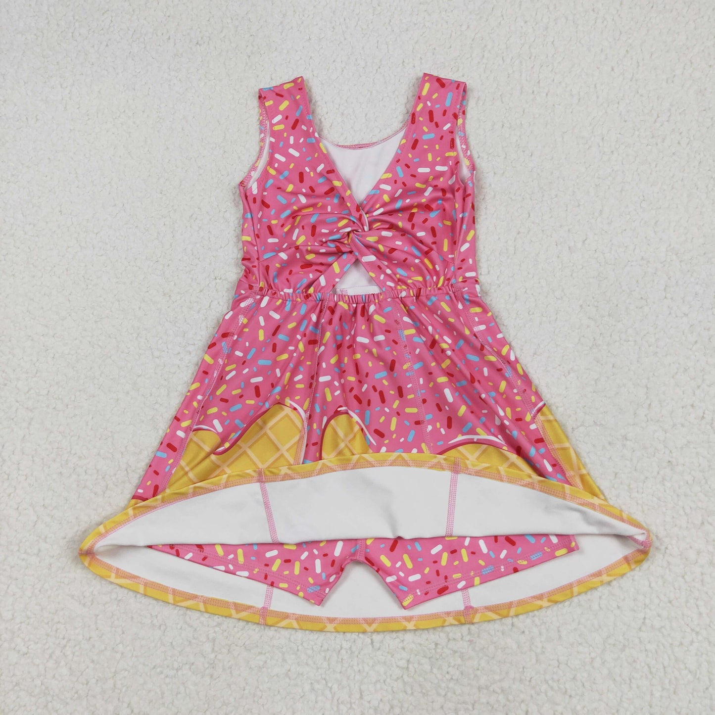 GSD2417 Sprinkles Pink Print Girls Backless Summer Shorts Knee Length Yoga Dress