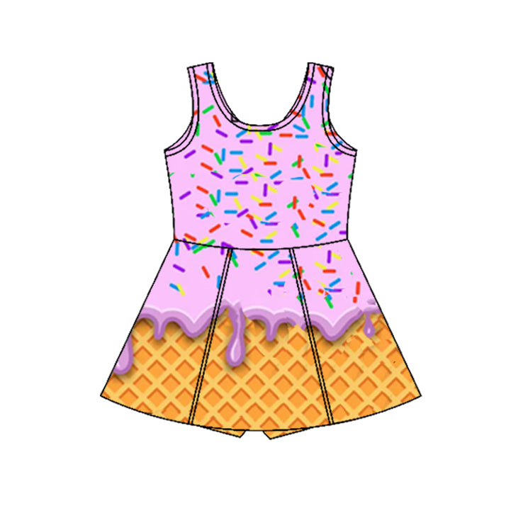 (Pre-order)GSD2425 Ice Cream Pink Print Girls Backless Summer Shorts Knee Length Yoga Dress
