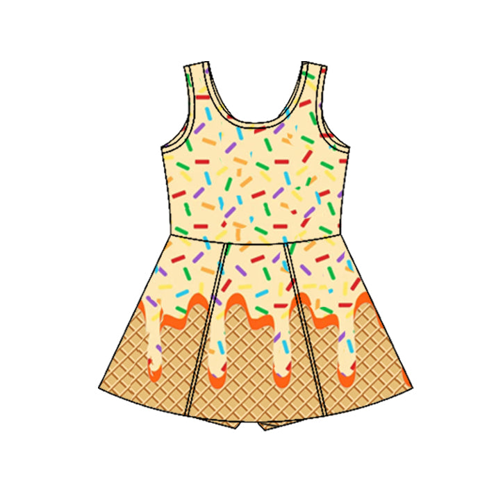 (Pre-order)GSD2426 Ice Cream Yellow Print Girls Backless Summer Shorts Knee Length Yoga Dress