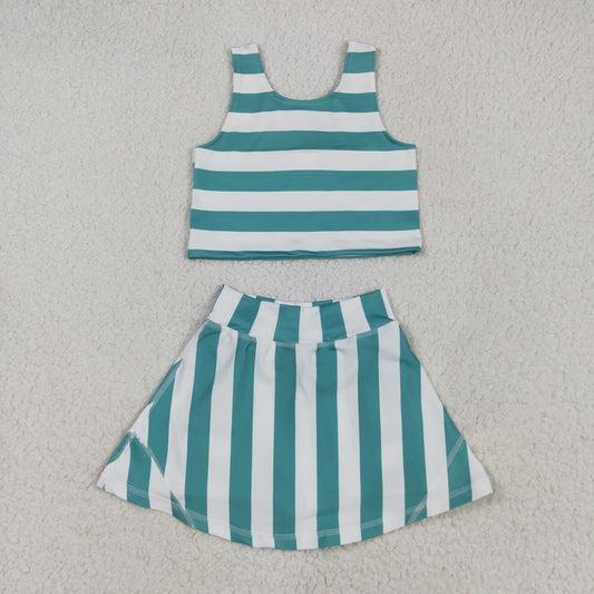 GSD2432  Green Stripes Print Girls Summer Shorts Skirts Knee Length Yoga Clothes Set