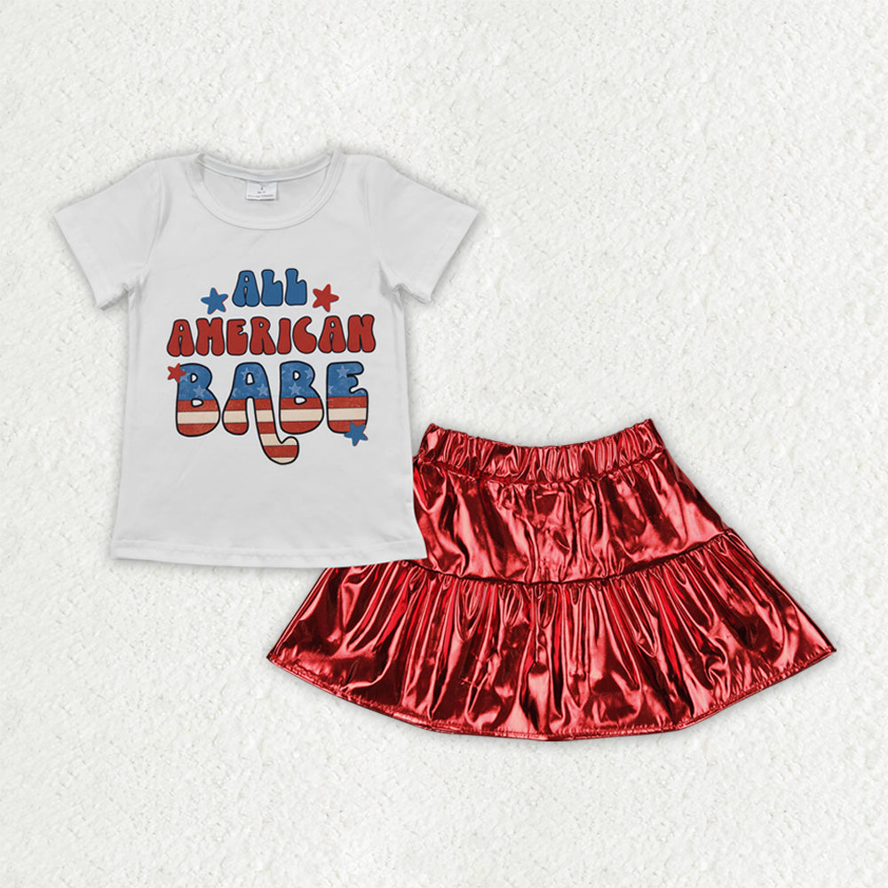 GSD2446 ALL AMERICAN BABE Top Red Pleather Elastic Skirts Girls 4th of July Clothes Set
