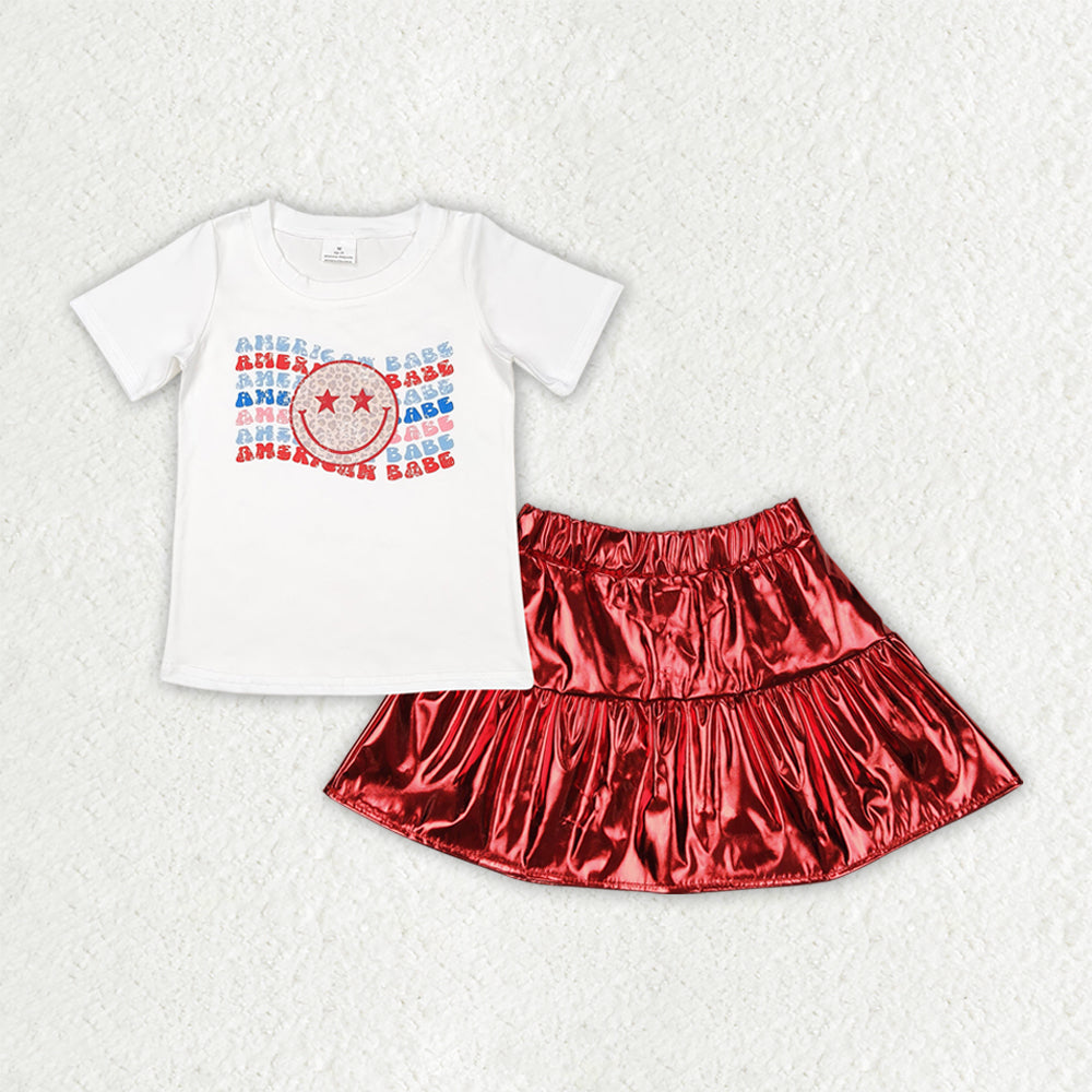 GSD2447 AMERICAN BABE Smiling Face Top Red Pleather Elastic Skirts Girls 4th of July Clothes Set