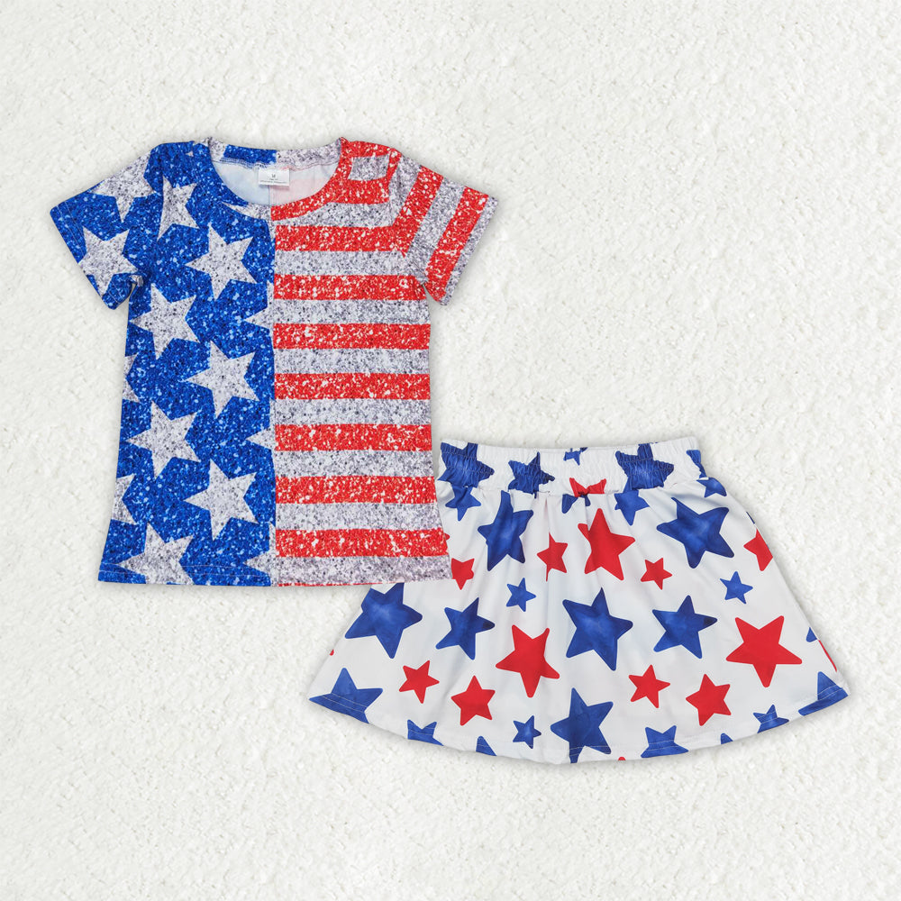 GSD2456 Red Stripes Top Stars Skirts Shorts Girls 4th of July Clothes Set