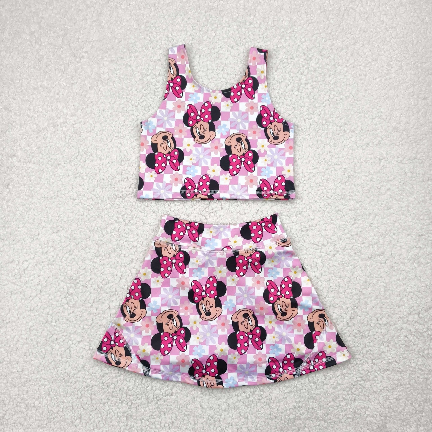 GSD2460 Cartoon Mouse Pink Top Shorts Skirts Girls Summer Yoga Outfits