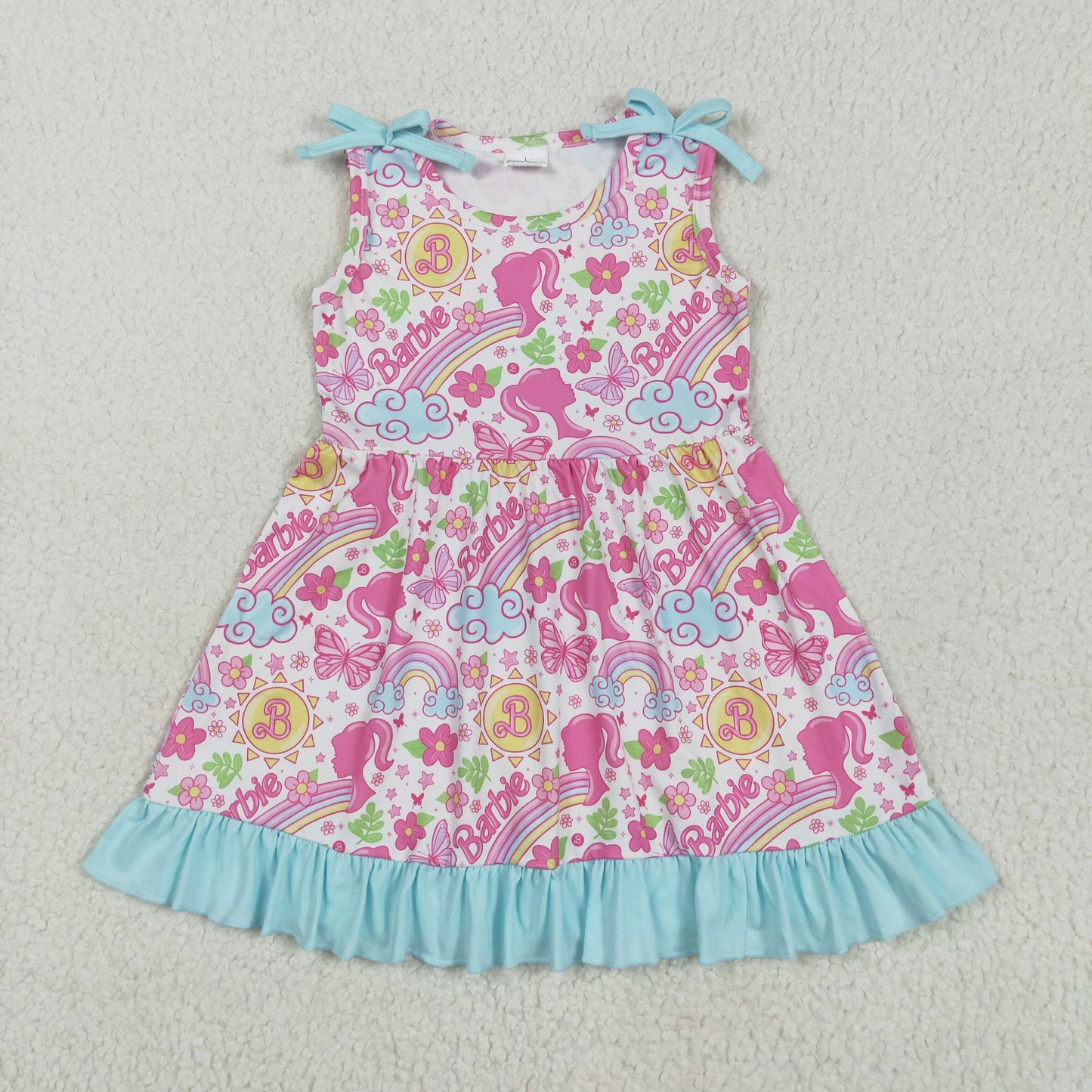 GSD2463 Rainbow Pink BA Flowers Print Girls Summer Knee Length Dress