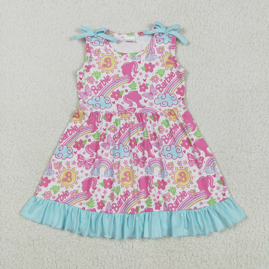 GSD2463 Rainbow Pink BA Flowers Print Girls Summer Knee Length Dress