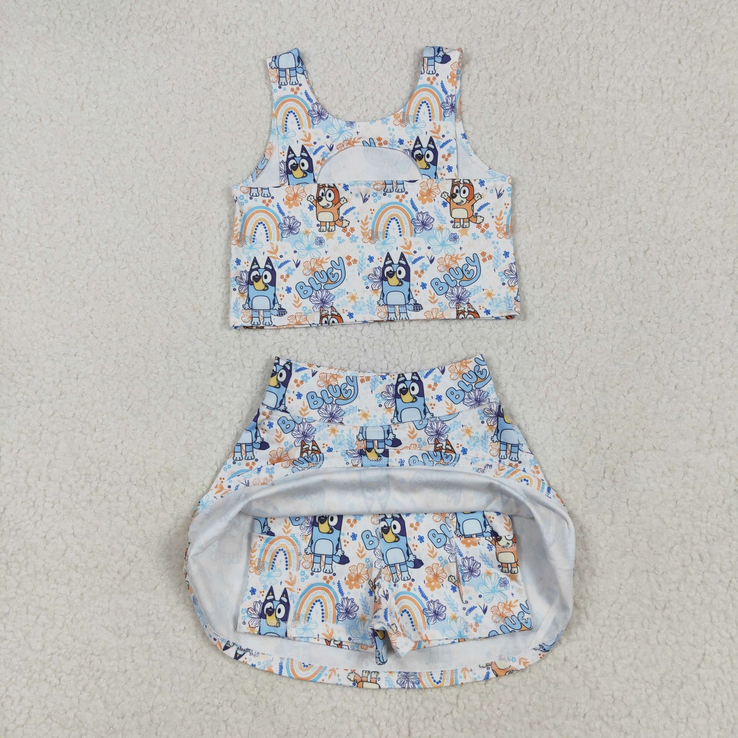 GSD2469 Cartoon Dog Flowers Rainbow Tank Top Shorts Skirts Girls Summer Yoga Outfits