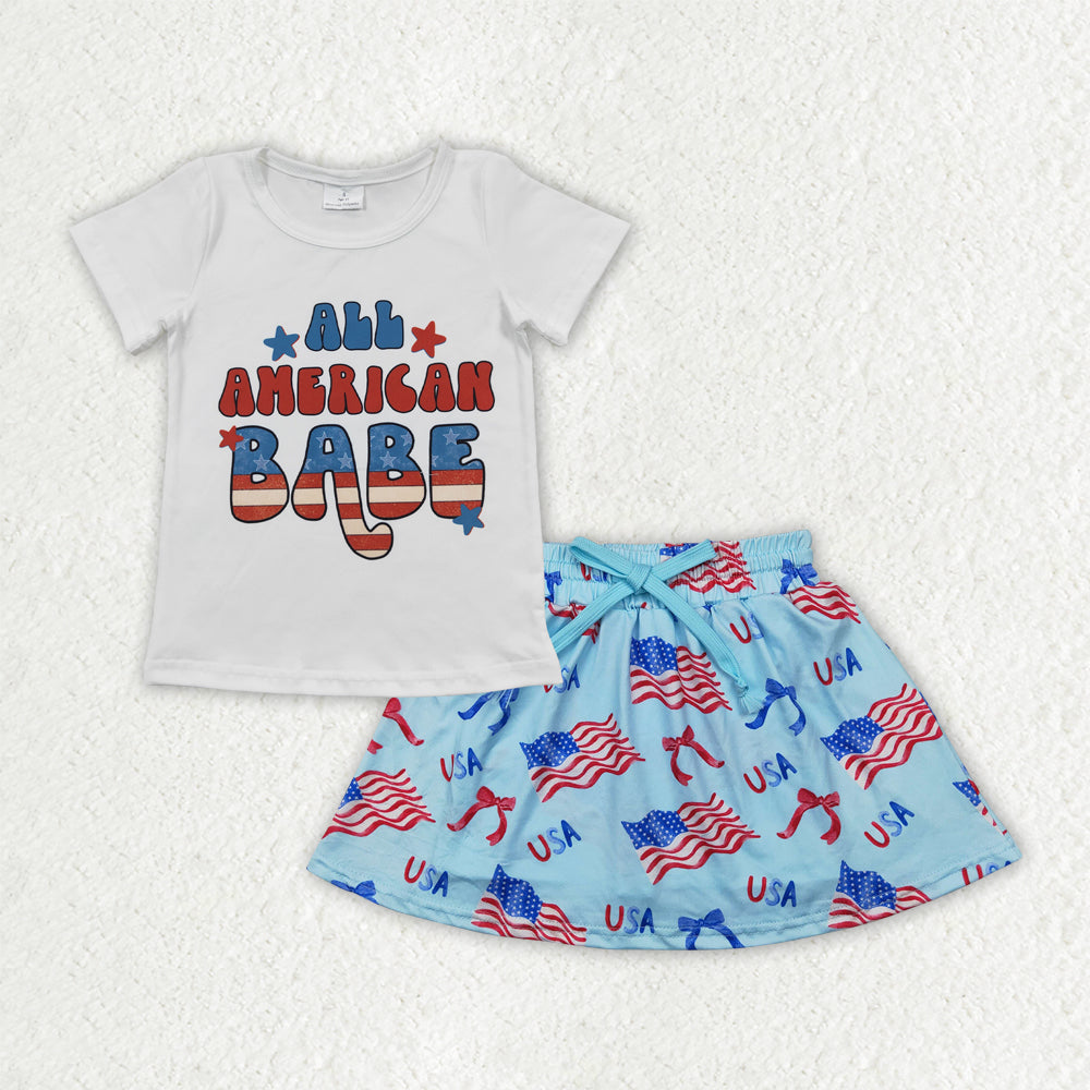 GSD2482 American Babe Top Flag Bows Skirts Shorts Girls 4th of July Clothes Set
