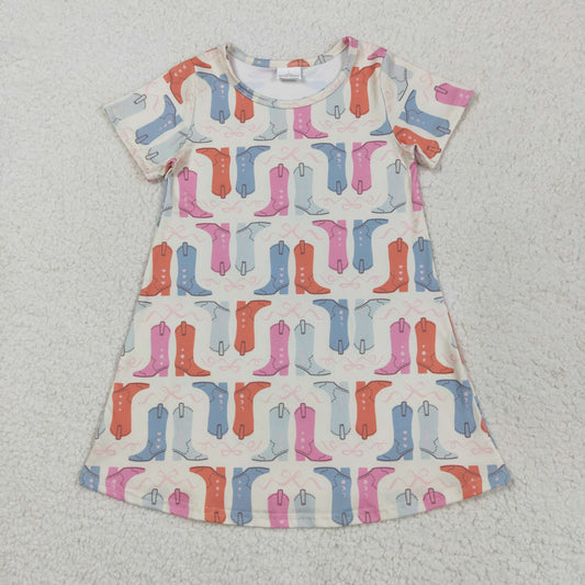 GSD2497 Boots Bows Western Print Girls Summer Knee Length Dress