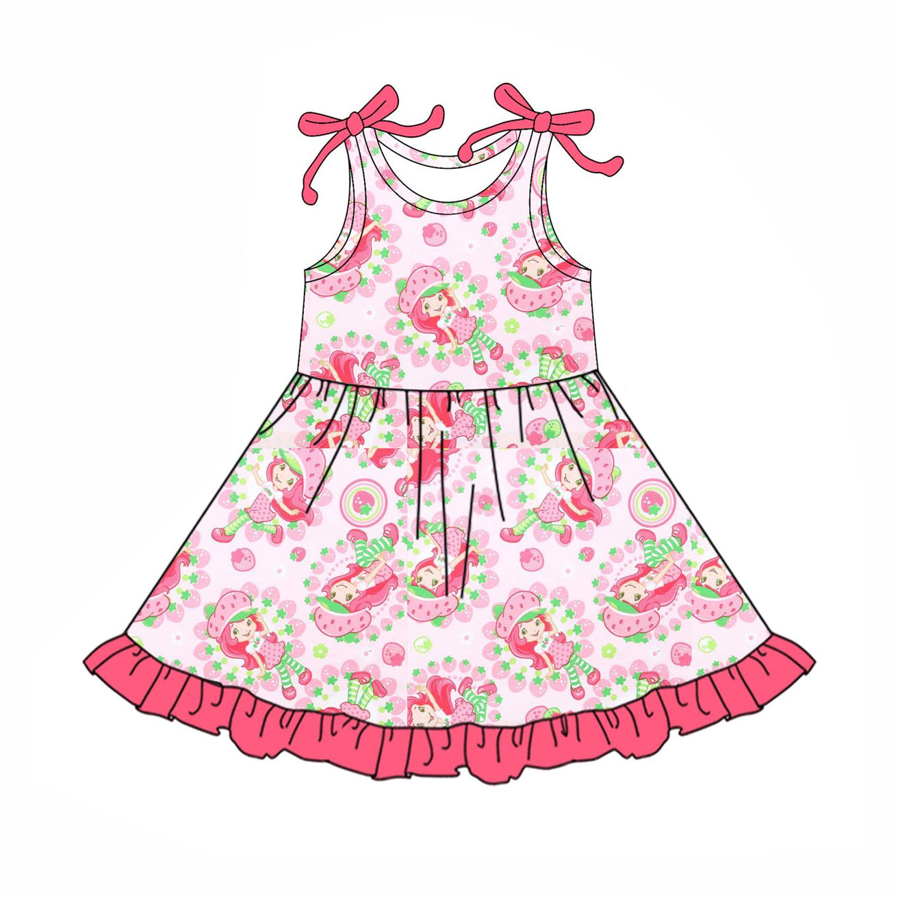 (Pre-order)GSD2504 Strawberry Flowers Print Girls Summer Knee Length Dress