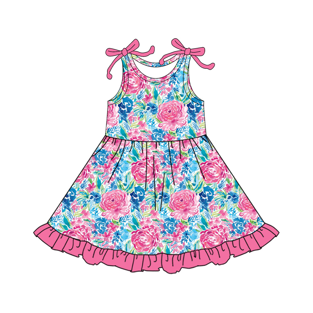 (Pre-order)GSD2509 Pink Flowers Print Girls Summer Knee Length Dress