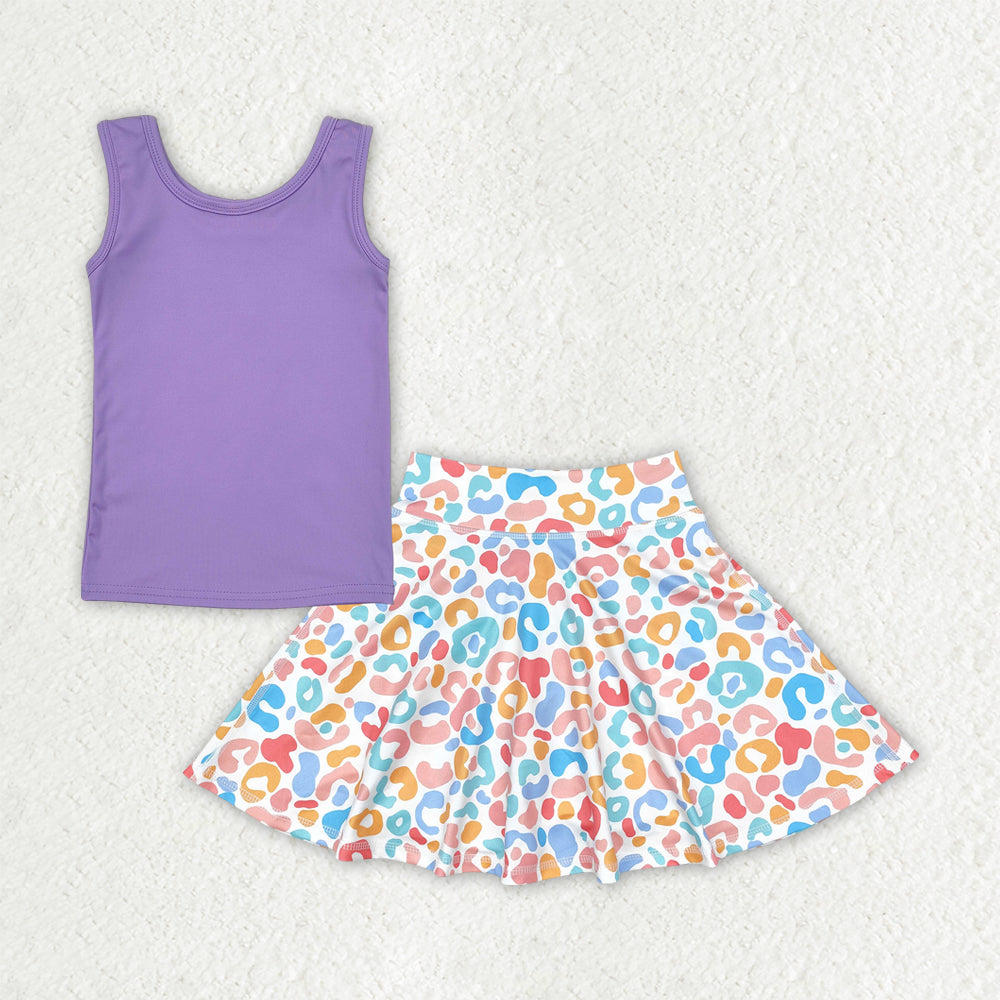 GSD2521 Purple Tank Top Colorful Leopard Skirts With Shorts Girls Yoga Clothes Set